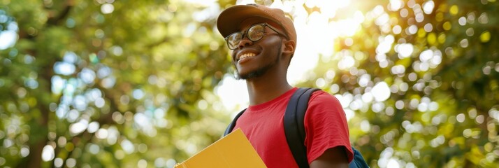 Smiling African American student in red shirt holding a book outdoors with bright greenery. Education and nature learning