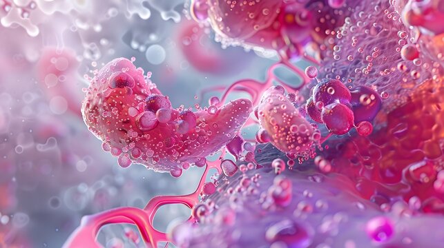 A macro shot of glistening neutrophil clinging to vibrant bacteria