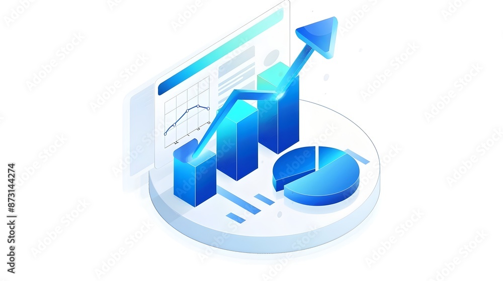 Poster isometric business analytics dashboard with interactive charts and graphs