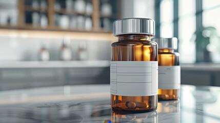 Close-up of two prescription bottles with blank labels on a glass table, modern and clean design, illustration background
