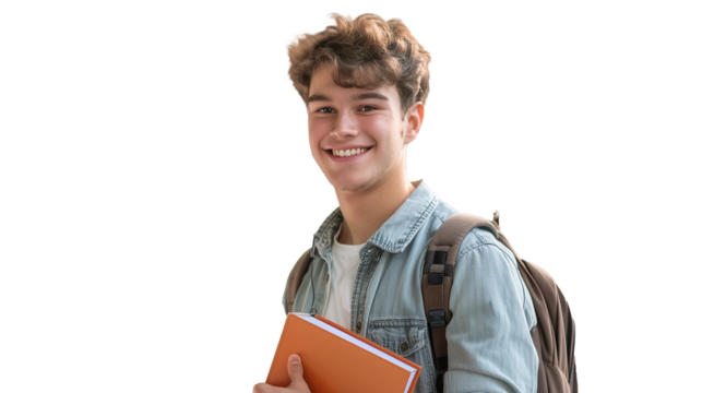 Student guy smiling while holding exercise books isolated transparent on white.