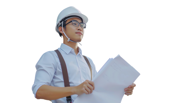 Asian engineer handsome man or architect isolated transparent on white.
