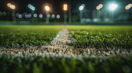 Brightly illuminated outdoor stadium baseball field with foreground focus and shallow background depth for copy space