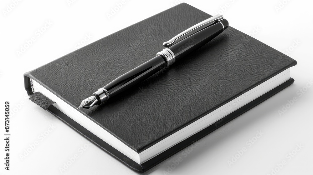 Poster black notebook and pen on white background with clipping path