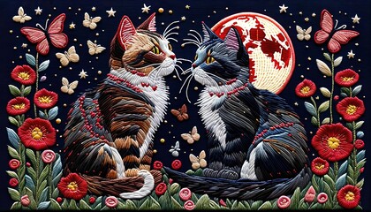 Feline in a Fairy Tale Garden Embroidery Art