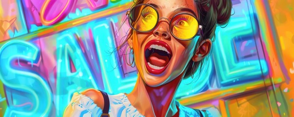 A woman wearing colorful sunglasses and a green shirt is smiling. Free copy space for text.
