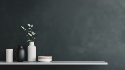 Dark wall with a montage of products, empty table in the foreground, sleek and modern design, perfect for marketing purposes