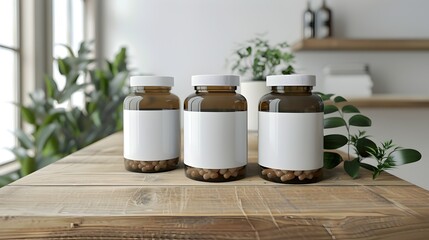 Fototapeta premium Wooden Shelf with Glass Jars and Potted Plant Decor - Natural Wellness and Healthy Lifestyle Concept