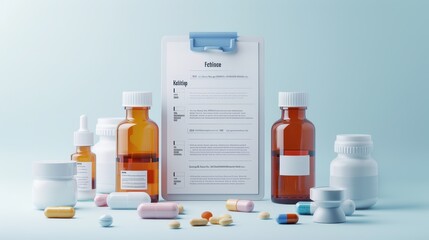 3D front view of a medical checkup task clipboard with a bottle, simplified compositions, soft and rounded forms, white background, illustration background