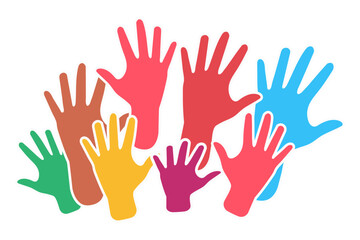 Many hands raised up, multi-colored hands on a white background. People's hands are raised in the air.