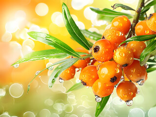 Juicy ripe sea buckthorn berries in droplets of water. Neural network AI generated art