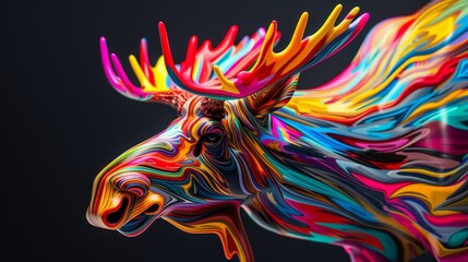 Obraz premium Digital painting of a moose head, vibrant multi-colored streaks flowing from antlers, intricate details, dynamic and surreal