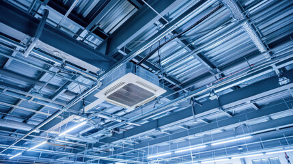 Obraz premium Modern Industrial Air Conditioning Unit Suspended from Ceiling in Large Hall