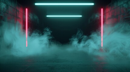 Empty dark street, rust backdrop, neon lights illuminating smoke-filled air, dramatic and intense mood