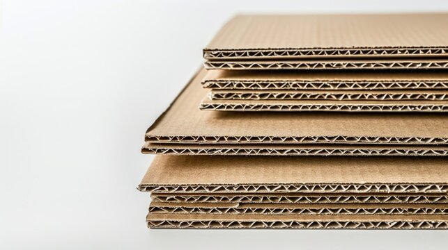 Flattened corrugated cardboard boxes stack on white surface in side view