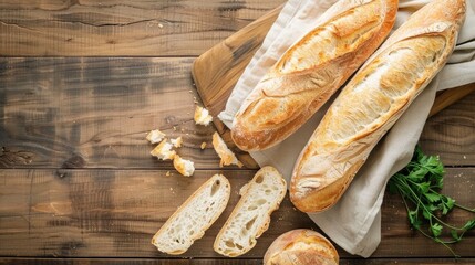 Rye baguette sliced on wooden table top down view Room for text