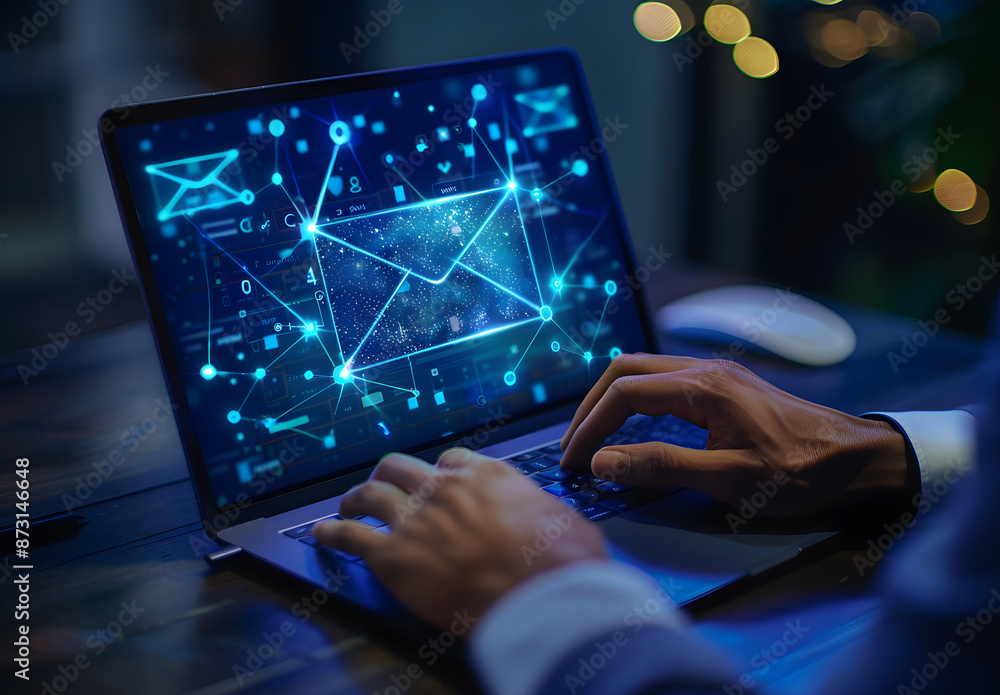 Aufkleber in marketing or newsletter concepts, businessmen use laptops with virtual email icons to send bulk d