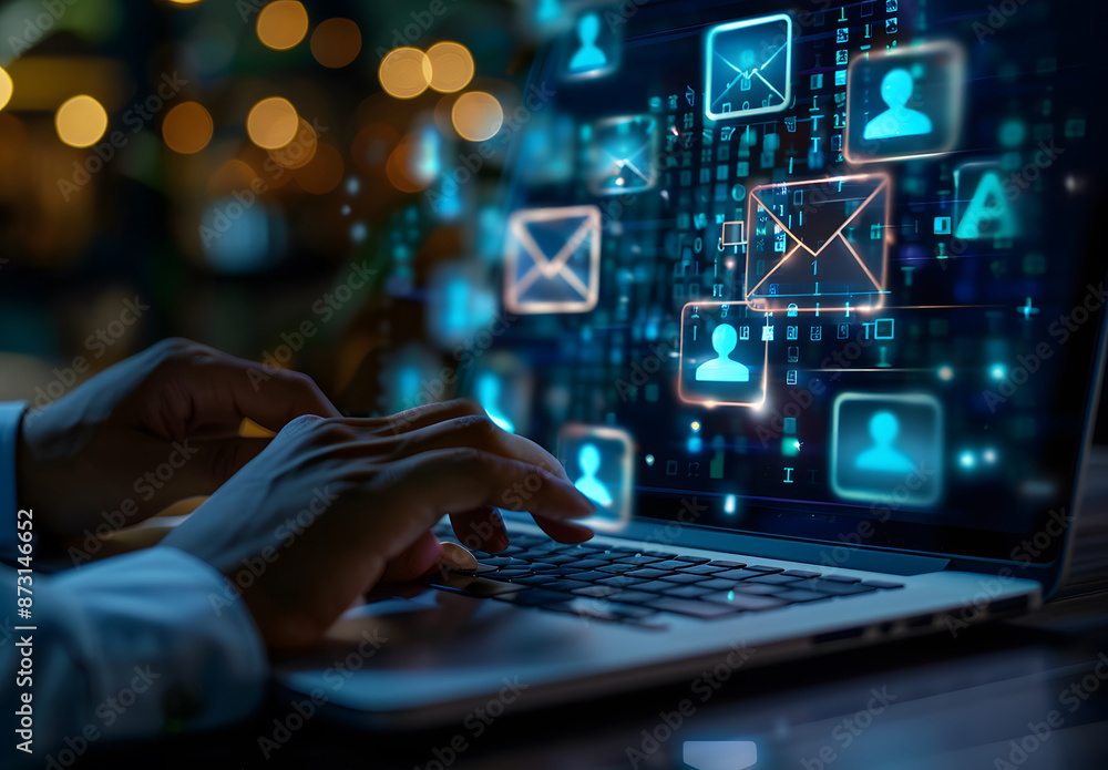 Aufkleber in marketing or newsletter concepts, businessmen use laptops with virtual email icons to send bulk d