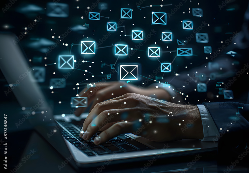 Aufkleber in marketing or newsletter concepts, businessmen use laptops with virtual email icons to send bulk d