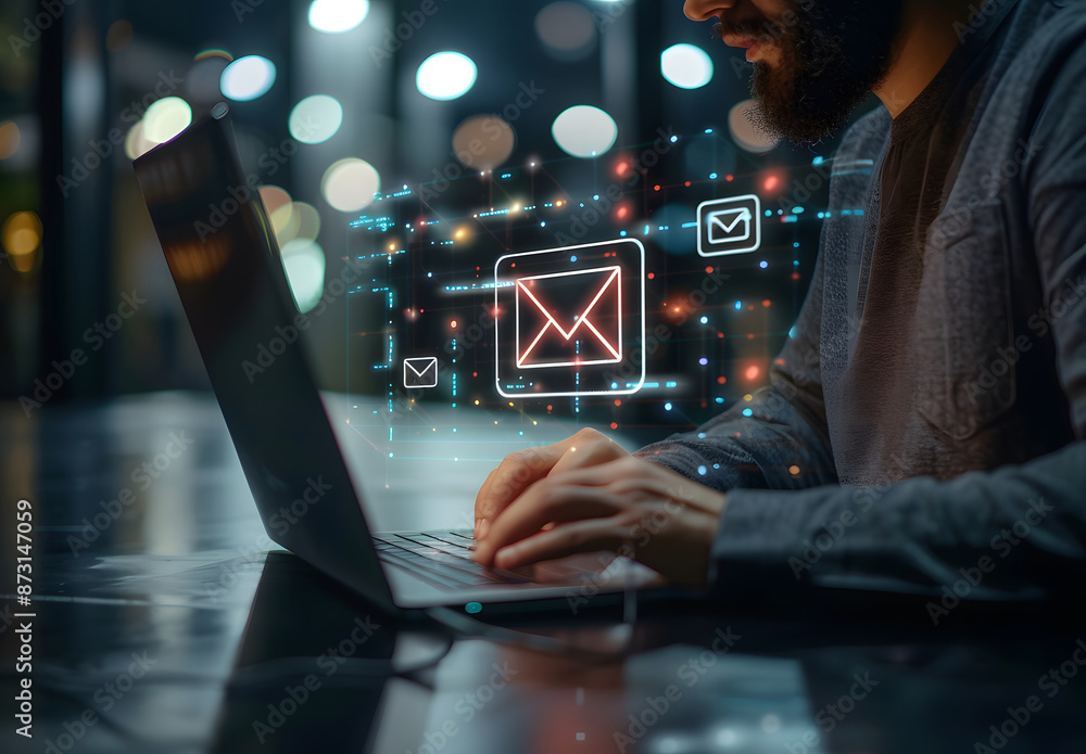 Aufkleber in marketing or newsletter concepts, businessmen use laptops with virtual email icons to send bulk d