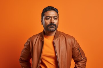 Fototapeta premium Portrait of a content indian man in his 40s wearing a trendy bomber jacket on soft orange background