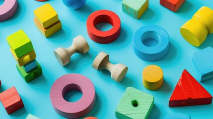 Colorful wooden toys on blue background for kids games in preschool