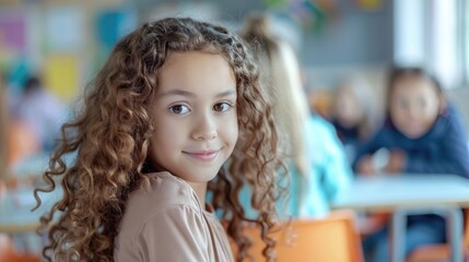 curly girl student in a school class at her desk. The concept of the beginning of the school year, learning, school