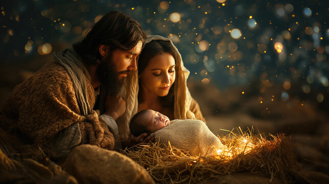 Nativity scene with holy family and newborn Jesus illuminated by divine light. Christmas, spirituality, biblical story, religious celebration, nativity play, Christian iconography.