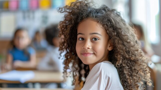 curly girl student in a school class at her desk. The concept of the beginning of the school year, learning, school