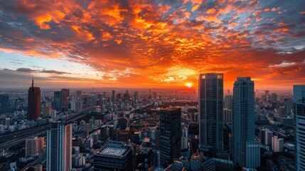 Obraz premium A city skyline at sunset, with the sky ablaze in shades of orange and red behind tall city buildings.