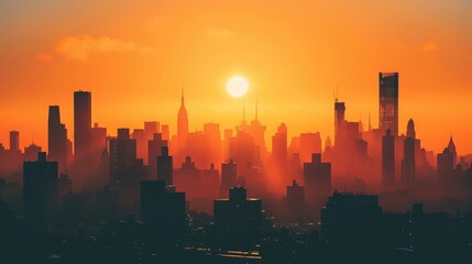 A city skyline at sunrise, with skyscrapers silhouetted against the orange glow of the morning sky.