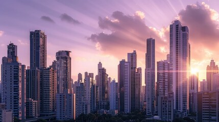 Fototapeta premium A city skyline at sunset, with the last rays of sunlight painting the buildings in warm hues against a purple sky.