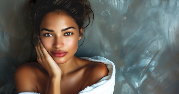 Close up portrait of Latina young woman with towel wrapped hair, wellness and skincare concept, copy space