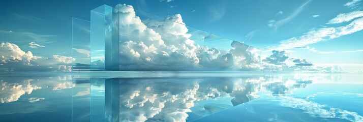 glass planels with blue edge lighting puffy clouds inside on surreal lake 
