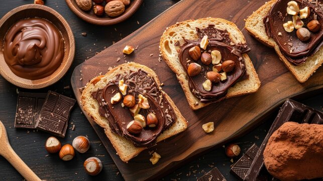 Bread slice topped with hazelnut chocolate in a top view