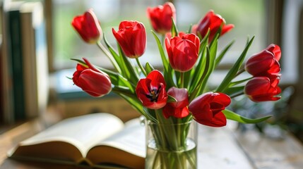 Details of home interiors with an open book a vase of red tulips depicting a cozy spring concept