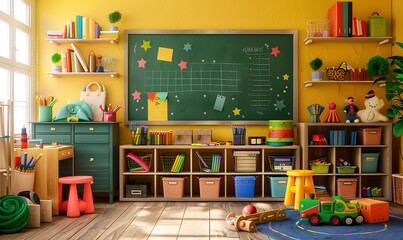 Colorful Classroom with Blackboard, Books, and School Supplies, Vibrant Back to School