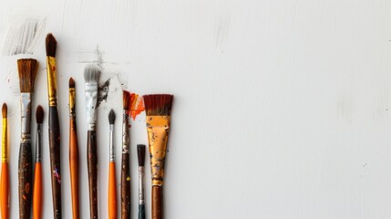 Fototapeta premium Set of used paint brushes arranged on white background with space for text top view