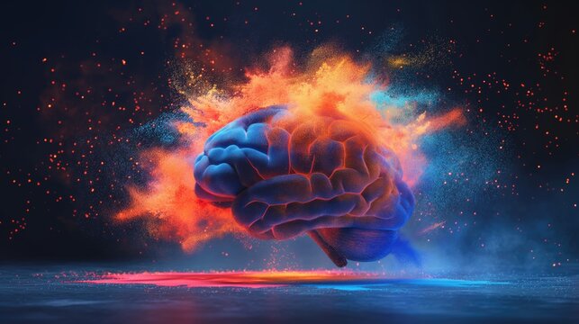 Creativity burst of colorful ideas as brainstorming from digital brain explosion on neutral studio background with copyspace
