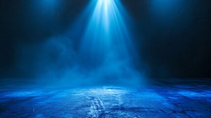 Cobalt neon light product background stage on blue denim floor with cool glow spotlight, in casual style