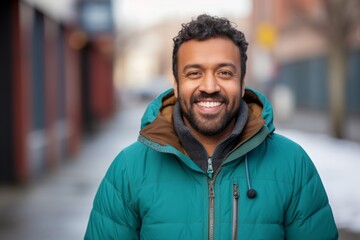 Fototapeta premium Portrait of a happy indian man in his 30s donning a durable down jacket isolated on soft teal background