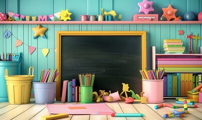 Colorful Classroom with Blackboard, Books, and School Supplies, Vibrant Back to School