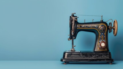 Vintage sewing machine on blue background with copy space front view perfect for banners horizontal orientation