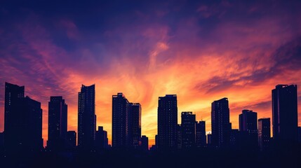 A city skyline at sunset, with the sky filled with hues of orange and purple behind the silhouettes of tall buildings.