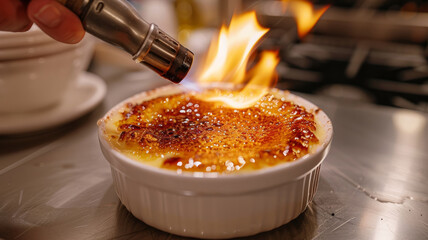 Close-up of a crème brûlée being caramelized with a torch.