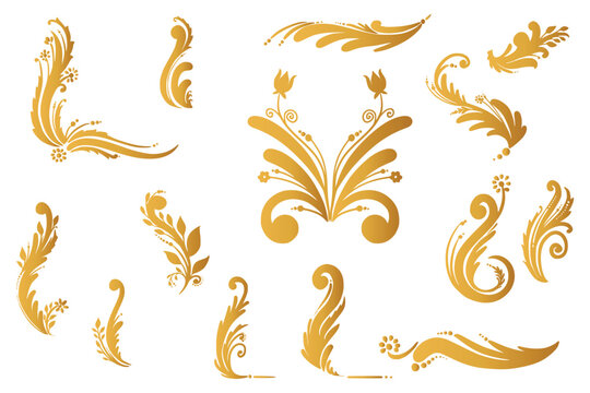 Ornamental golden floral set on white background