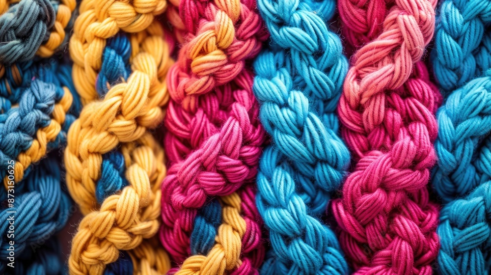 Poster handmade crochet texture with colorful yarn threads rustic style pattern background hobby idea