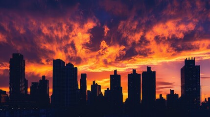 A city skyline at sunset, with the sky filled with hues of orange and purple behind the silhouettes of tall buildings.