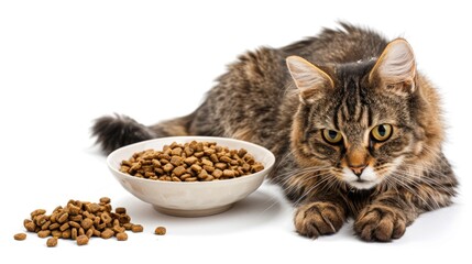A hungry cat by a bowl of dry food white background Pet feeding