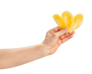 dried mango in hand path isolated on white